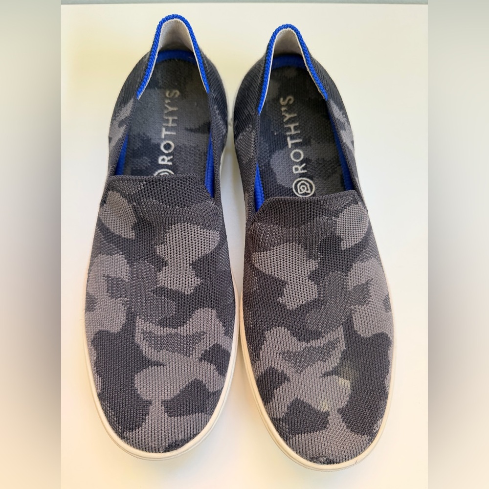 Rothy's Boardwalk‎ Camouflage Gray and Blue Women’s Slip on Sneakers Size 9